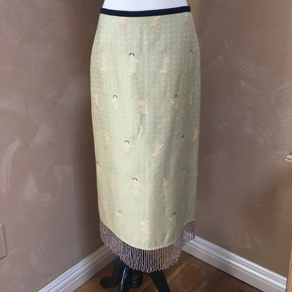 Vintage Green Printed Pencil Skirt with Fringe - Picture 5 of 8